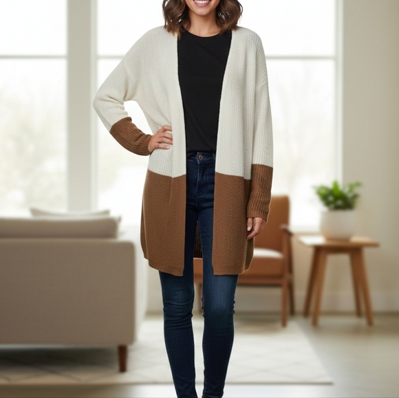 Mine New  Cream and Brown Colorblock Cardigan Size L - Picture 6 of 16